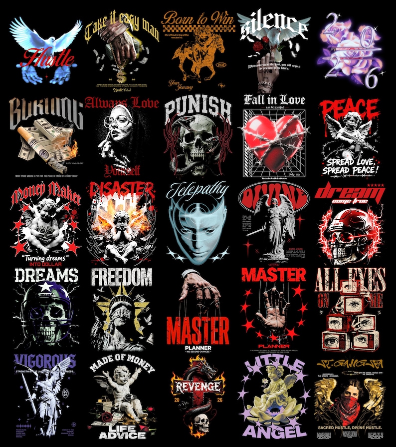 May include: A collection of graphic designs on a black background. The designs feature various themes, including angels, skulls, and text such as "Master," "Revenge," and "Little Angel." The color palette includes red, white, and black.
