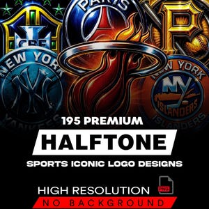 May include: A digital collection of 195 premium halftone sports iconic logo designs featuring various team emblems including the Miami Heat, New York Yankees, and New York Islanders. The graphic includes high resolution PNG files with no background.