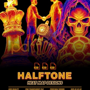 May include: A digital graphic design featuring a thermal heat map style illustration of a chess king, two people shaking hands, a championship ring, a skeleton hand, and a skull holding a soccer ball. The text reads HALFTONE HEAT MAP DESIGNS.