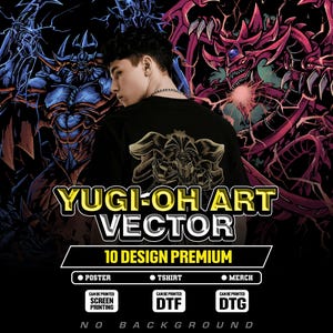 May include: Black t-shirt featuring a gold graphic design on the back, with the text "YUGI-OH ART VECTOR" in yellow and white. The image includes illustrations of anime characters and promotional text for posters, t-shirts, and merchandise.