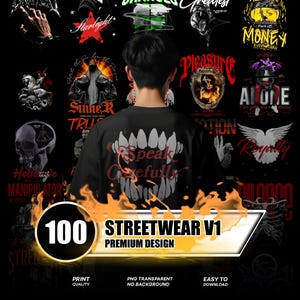May include: A black t-shirt with a large graphic of a mouth with sharp teeth and the words "Speak Carefully" in a stylized font. The image also features various graphic designs and the text "100 Streetwear V1 Premium Design".