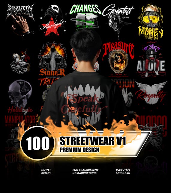100 Streetwear Design Bundle PNG | Urban Graphic T Shirt Pack | Modern Apparel Artwork Collection | Black Print Ready | DTF DTG Sublimation