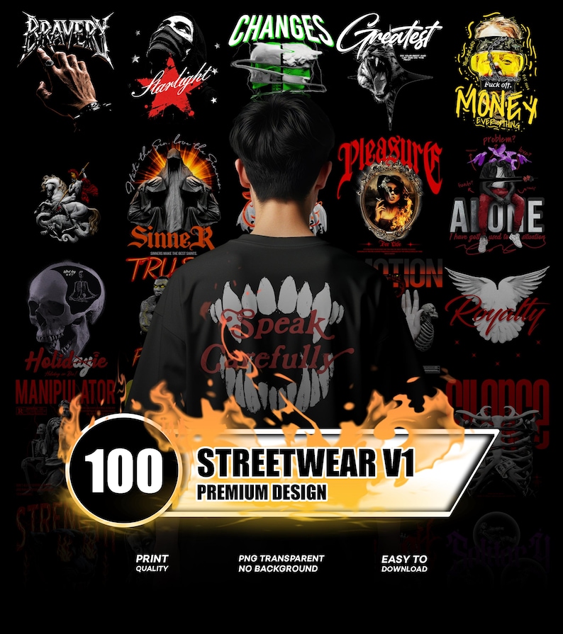 May include: A black t-shirt with a large graphic of a mouth with sharp teeth and the words "Speak Carefully" in a stylized font. The image also features various graphic designs and the text "100 Streetwear V1 Premium Design".