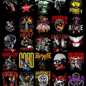 May include: A collection of graphic designs on a black background. The designs feature skulls, hands, tigers, and text such as "Changes", "Money", "Trust", and "Strength". The designs are in various colors, including red, yellow, and white.