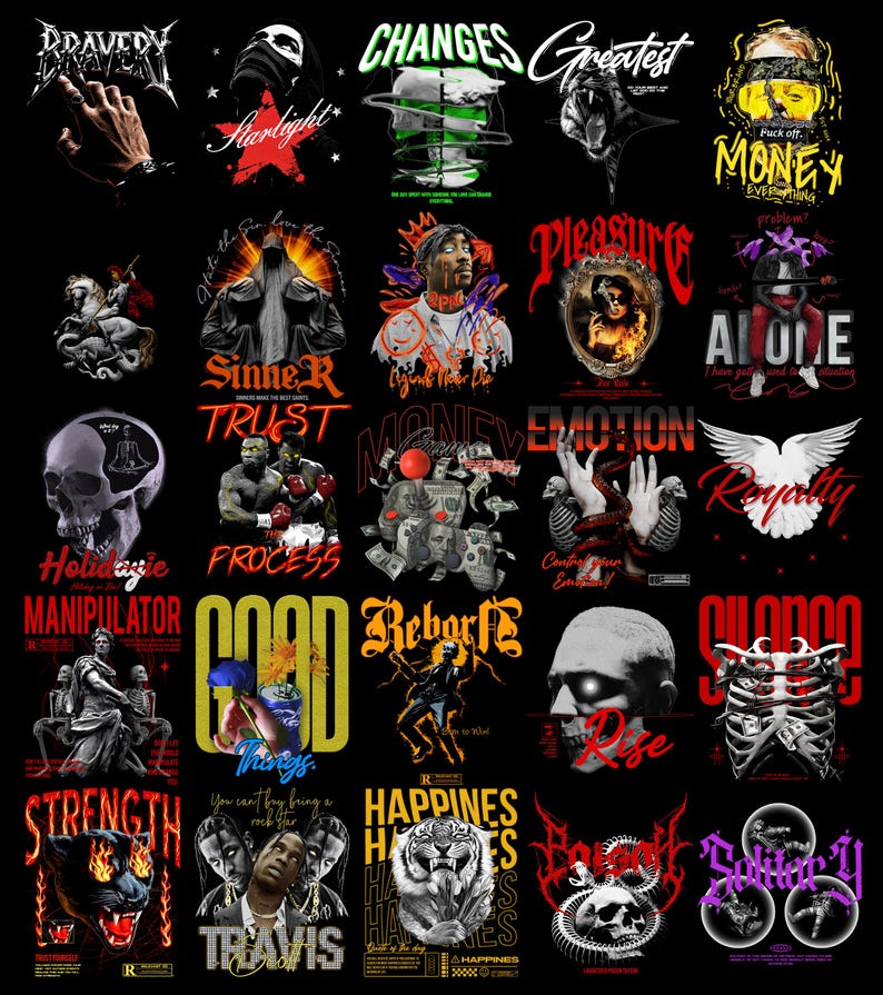 May include: A collection of graphic designs on a black background. The designs feature skulls, hands, tigers, and text such as "Changes", "Money", "Trust", and "Strength". The designs are in various colors, including red, yellow, and white.