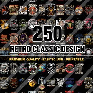250 Classic Retro Design Bundle PNG | Vintage Graphic Collection | Old School Typography | Black Shirt Print Ready | DTF DTG Sublimation