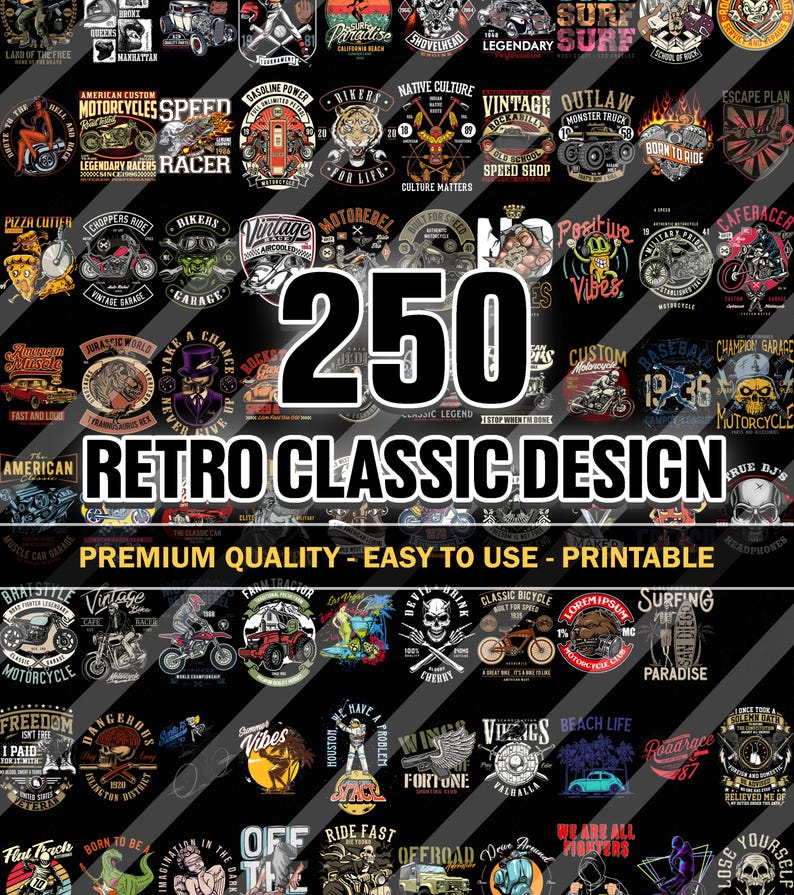 Retro Classics Design 250 Classic Retro Design Bundle PNG | Vintage Graphic Collection | Old ...