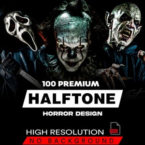 100 Horror Halftone Designs PNG Bundle A2 A3 A4 | Premium Dark Streetwear Graphics | DTF DTG T-Shirt Print Pack | Digital Download