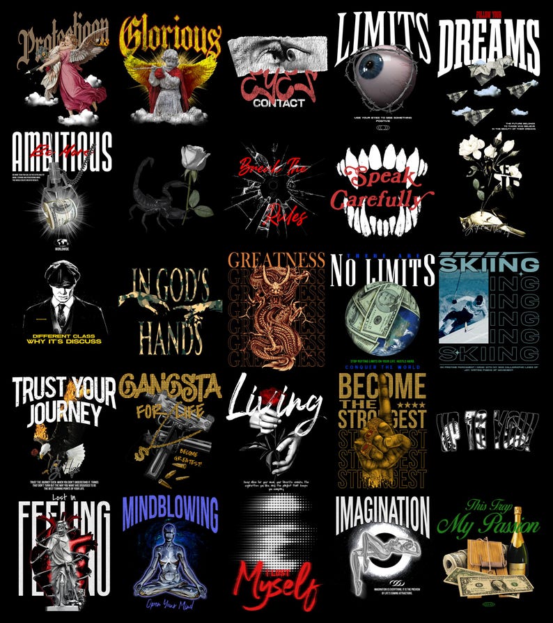 May include: A collection of graphic designs on a black background. The designs include text such as "Glorious", "Ambitious", "Contact", "Limits Dreams", and "Speak Carefully". The images also feature illustrations of angels, eyes, and other symbolic elements.