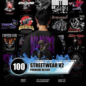 May include: A black t-shirt with a purple and white graphic of an angel and the words "DREAM CLIMB" in purple. The image also features various streetwear designs, including graphics with text like "ABNORMAL," "AFTERWORK," and "STREETWEAR V2 PREMIUM DESIGN."