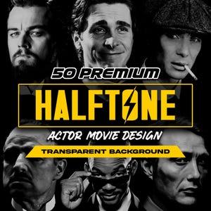 Può includere: Un design grafico in bianco e nero con ritratti di attori. Il design include il testo "50 Premium Halftone Actor Movie Design Transparent Background" in giallo e bianco. L'immagine mostra una collezione di ritratti di attori.