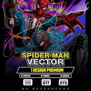 May include: A dynamic vector illustration featuring two Spider-Man figures in action poses against a vibrant, abstract background. The design includes the text "SPIDER-MAN VECTOR" and options for posters, t-shirts, and merchandise, with printing methods DTF and DTG.