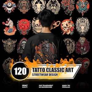 120 Tattoo Art Design PNG Bundle | Bold Ink Graphic Pack | Traditional & Modern Tattoo Flash | Black Shirt Print Ready | DTF DTG Sublimation