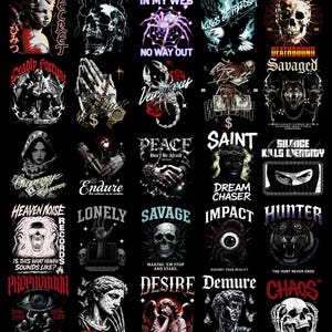 May include: A collection of graphic designs on a black background. The designs include skulls, angels, eyes, and text such as "Desire", "Chaos", and "Savage". The artwork is detailed with various fonts and styles.