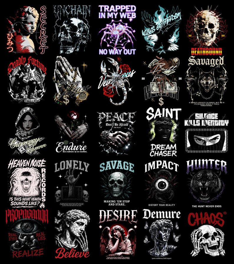 May include: A collection of graphic designs on a black background. The designs include skulls, angels, eyes, and text such as "Desire", "Chaos", and "Savage". The artwork is detailed with various fonts and styles.
