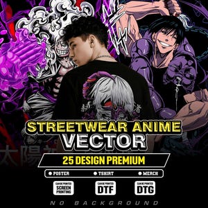 Puede incluir: Una camiseta negra con un gráfico de anime blanco y rojo, parte de un diseño vectorial de anime streetwear. La imagen incluye el texto "STREETWEAR ANIME VECTOR" y "25 DESIGN PREMIUM". También muestra opciones para carteles, camisetas y merchandising.