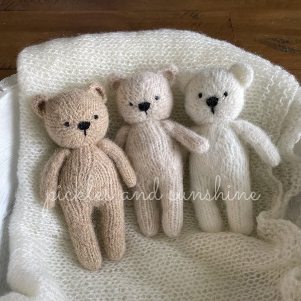 Soft knit mohair bear newborn prop White, tan, grey, blue or beige knit newborn bear knit newborn lovie photo prop, soft bear prop