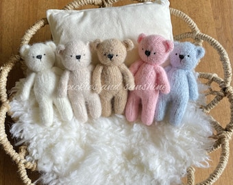 Knit newborn bear prop, beige, tan, pink, white, blue knit bear photo prop, newborn/Sitter, Sitter safe knit bear prop