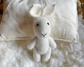Chubby white bunny knit newborn lovie, newborn photo prop, soft mohair white with blue knit bunny newborn prop