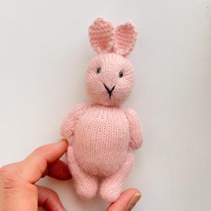 May include: A pink knitted bunny rabbit toy with black eyes and a black nose.