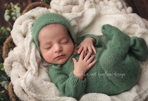 Grey Newborn Knit Pajama Romper Set Mohair Knit Bonnet and Footed Pajama Prop Set Newborn Fuzzy Knit Pj Romper Set Newborn Knit Etsy