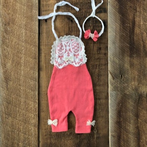 Coral pink newborn size romper set SALE, with bow headband coral set newborn photo prop set, free shipping