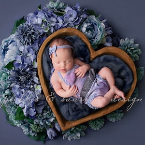 Fondo digital con forma de corazón y flores moradas, fondo digital con forma de corazón para recién nacidos para Photoshop, fondo digital para recién nacidos para fotografía de recién nacidos