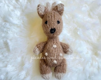 Soft brown fuzzy knit deer prop, fuzzy brown spotted deer prop, newborn reindeer prop, knit newborn size deer with antlers photo prop