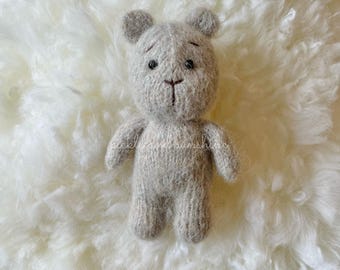 Soft grey knit vintage look bear prop,  knit chubby bear prop, newborn bear prop, knit newborn size bear prop
