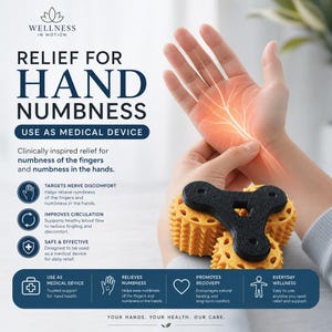 Könnte beinhalten: Ein gelbes, dreirädriges, texturiertes Massagegerät mit einem schwarzen dreieckigen Rahmen. Der Text lautet: WELLNESS IN MOTION, RELIEF FOR HAND NUMBNESS, USE AS MEDICAL DEVICE, TARGETS NERVE DISCOMFORT, IMPROVES CIRCULATION, SAFE & EFFECTIVE, YOUR HANDS. YOUR HEALTH. OUR CARE.