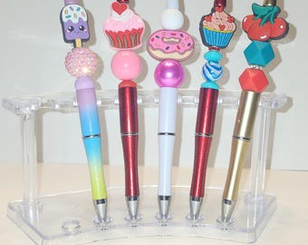 Personalized Beaded Pens, Donut Cupcake Cherry Novelty Ballpoint, Black Blue Ink