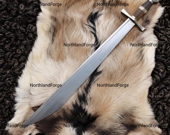 Handgjort medeltida falchionsvärd, 50 cm klinga, handtag i almträ, bronsbeslag, samlarreplika