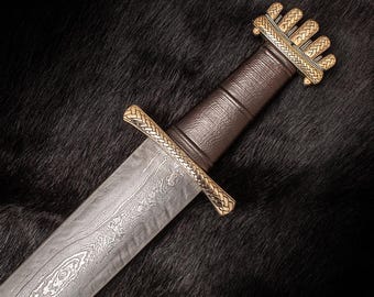 Handsmidd vikingasvärd - Damaskusstålklinga, bronsbeslag, nordisk historisk replika