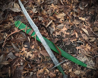Handsmidet Damaskus Falchion-svärd – Mörkgrönt lädergrepp, medeltida samlarklinga