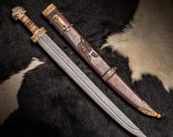 Handsmidd Gruntling Dwarven Short Sword - Mönstersvetsad Damaskusklinga, Fantasy Collector Replica