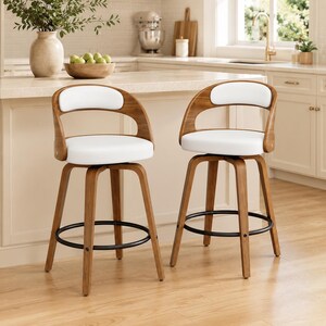 Mid Century Modern Bar Stools Set of 2, White Counter Height Swivel Chairs with Walnut Bentwood Frame and Footrest