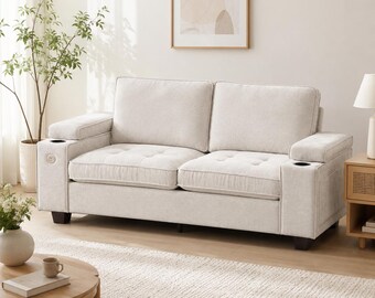 Beige Chenille Sofa with USB Type-C Ports, Modern 2 Seat Loveseat Couch with Cup Holders, Storage Armrests, Deep Seat Sofa for Apartment