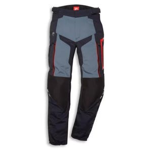 May include: Black and grey motorcycle trousers with red detailing. The trousers have a grey panel on the front, black panels on the legs, and red zips. The waist features a belt and buckle. Designed for motorcycle riding.
