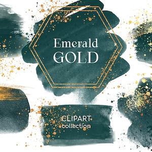 Könnte beinhalten: Aquarell-Clipart-Kollektion mit smaragdgrünen Pinselstrichen mit goldenen Akzenten und Spritzern. Der Text "Emerald GOLD" wird in einem goldenen geometrischen Rahmen angezeigt. Die Worte "CLIPART collection" sind ebenfalls sichtbar.