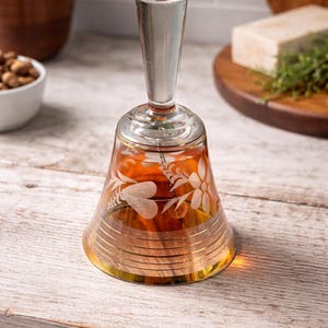 May include: A clear glass bell with a silver handle and a gold rim. The bell is decorated with etched floral designs. The bell is sitting on a white wooden surface.