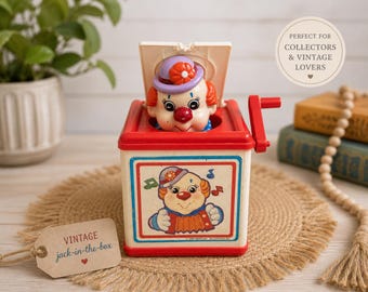 Vintage 1988 Jack in the Box Toy – Meritus Industries Clown Music Box – Pop Goes the Weasel – Retro Nursery Decor – Wind Up Toy AF504