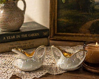 Vintage Pearl China Lusterware Creamer and Sugar Set, Iridescent 22KT Gold Trim, MCM Genie Lamp Style, Art Deco Hollywood Regency AF470