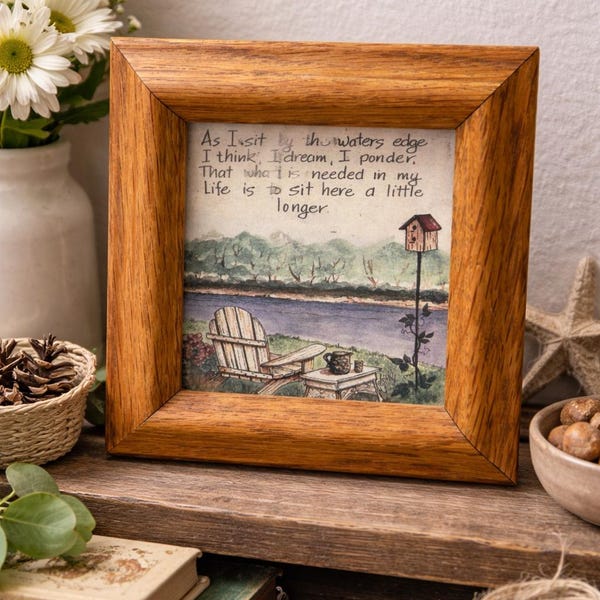 Vintage Framed Cottage Quote Art Lake Scene | “As I sit by the water’s edge…” Rustic Wall Decor | Cabin Lakehouse Farmhouse Art AF413