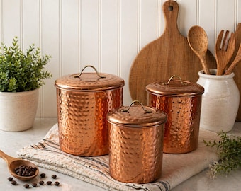 Juego de 3 botes de cobre martillado estilo vintage con tapas – Tarros de almacenamiento para la cocina, decoración rústica de granja, recipientes para café, té y azúcar AF454