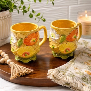 Vintage Fred Roberts Japan Ceramic Coffee Mug Set | Yellow Poppy Floral Relief Mugs | Mid-Century Japanese Pottery  | Set of 2 AF714