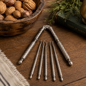 Vintage HMQ Nutcracker Set with 4 Picks | Henry M. Quackenbush Nut & Seafood Cracker | Mid Century Kitchen Tool Set | USA Made AF656