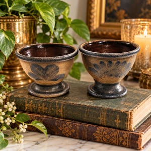 May include: Two small, footed ceramic bowls with a tan, textured exterior and a dark brown, glossy interior. Each bowl features a dark blue, hand-painted floral or leaf-like motif on the side and a dark blue rim and base.