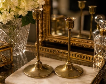 Vintage Brass Candlestick Holders Set of 2 | Mid-Century Modern Taper Candle Holders | Solid Brass Mantel Decor | Hollywood Regency  AF723