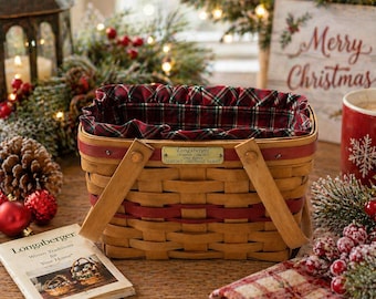 Vintage 1992 Longaberger Christmas Basket Seasons Greetings Plaid Liner Signed Holiday Decor Farmhouse Basket AF493