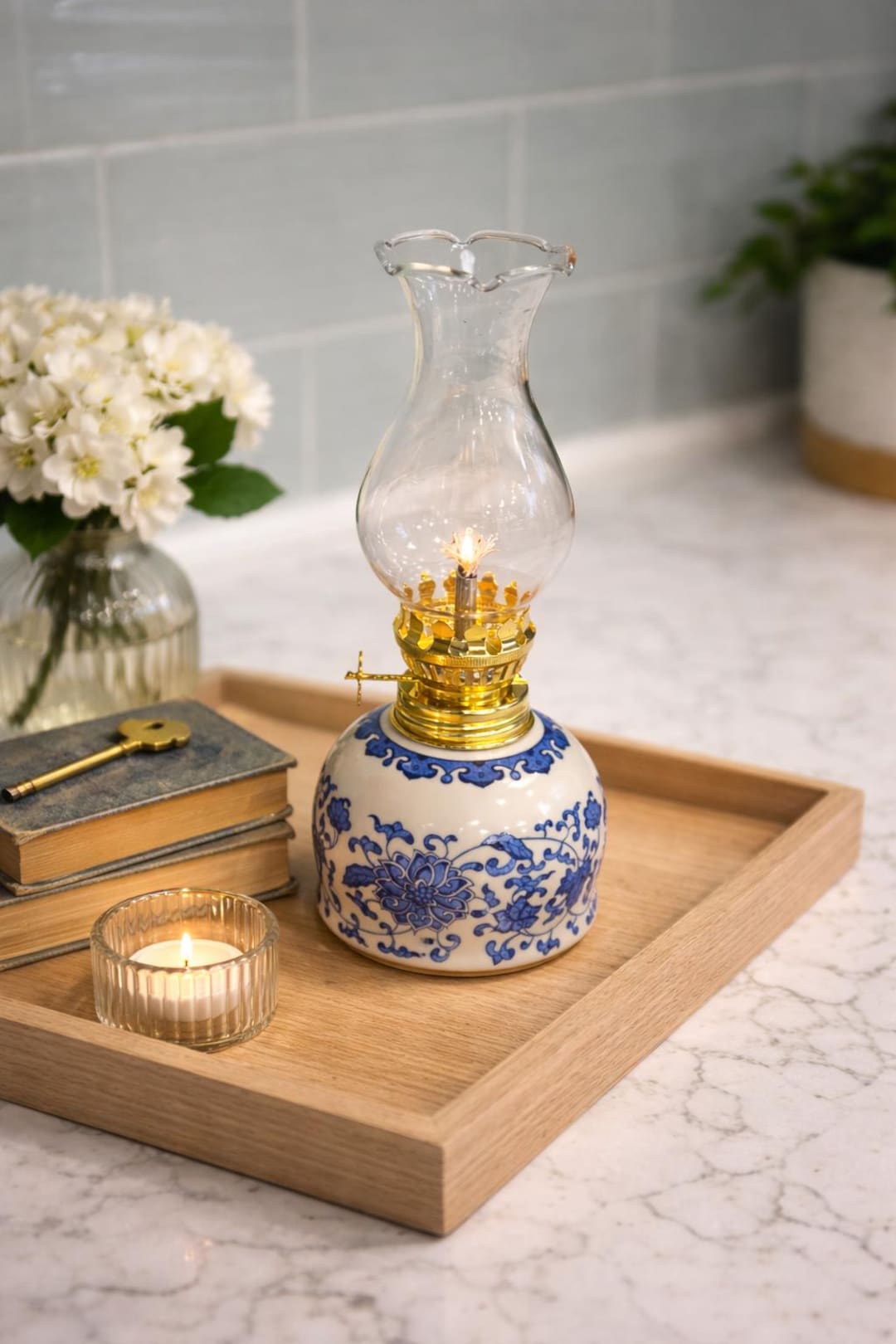 Blue Floral Porcelain Oil Lamp, Cottagecore Farmhouse Decor AF031